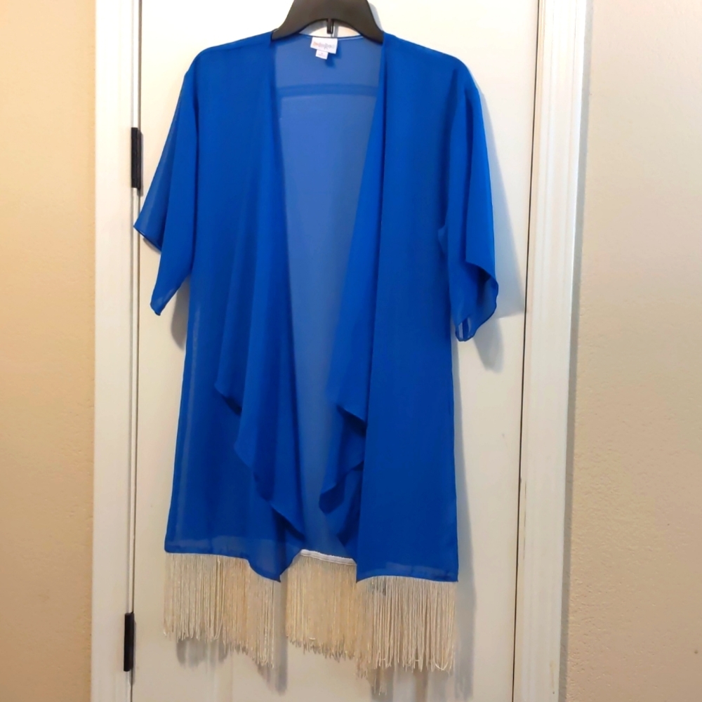 Lularoe Monroe Sheer Kimono Cover up Fringed Robe Cardigan  Royal Blue & White